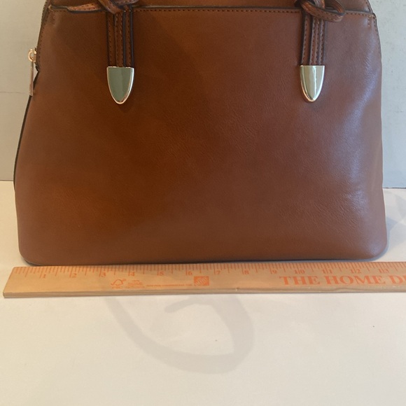 Brown dome shaped satchel bag faux leather gold tone hardware 2 handles - Picture 5 of 16